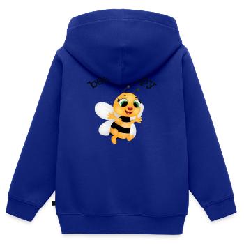 flotte abeille, be happy - Sweat Premium à capuche zippé enfant bio - bleu roi - Dos - AI Model Kid Male (0cm)