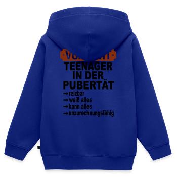 Vorsicht Teenager in der Pubertät - Kinder Premium Organic Zip Hoodie - Royalblau - Hinten - AI Model Kid Male (0cm)