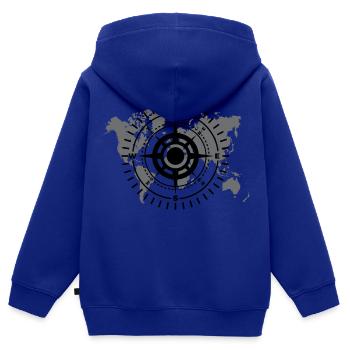 Carte du monde avec direction cardinale noir et blanc - Sweat Premium à capuche zippé enfant bio - bleu roi - Dos - AI Model Kid Male (0cm)