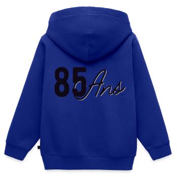 85 Ans - Sweat Premium à capuche zippé enfant bio - bleu roi - Dos - AI Model Kid Male (0cm)