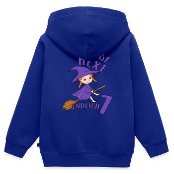 Motif d’anniversaire de la douce sorcière Je suis 7 ans fille - Sweat Premium à capuche zippé enfant bio - bleu roi - Dos - AI Model Kid Male (0cm)