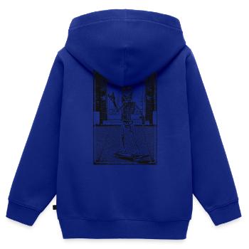 Skelett mit Skateboard vor Backsteinmauerwerk - Kinder Premium Organic Zip Hoodie - Royalblau - Hinten - AI Model Kid Male (0cm)