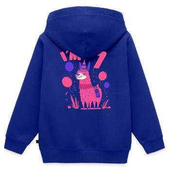 Motif d’anniversaire de lama mignon pour les filles Iam 7 idée de cadeau - Sweat Premium à capuche zippé enfant bio - bleu roi - Dos - AI Model Kid Male (0cm)