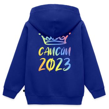Cancun 2023 - Sweat Premium à capuche zippé enfant bio - bleu roi - Dos - AI Model Kid Male (0cm)