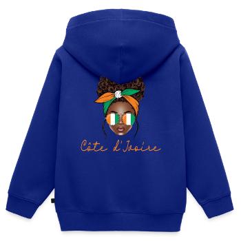 Femme Côte D'Ivoire Fille Ivoirienne - Sweat Premium à capuche zippé enfant bio - bleu roi - Dos - AI Model Kid Male (0cm)