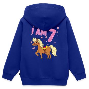 Poney I À 7 ans cheval 7ème anniversaire - Sweat Premium à capuche zippé enfant bio - bleu roi - Dos - AI Model Kid Male (0cm)
