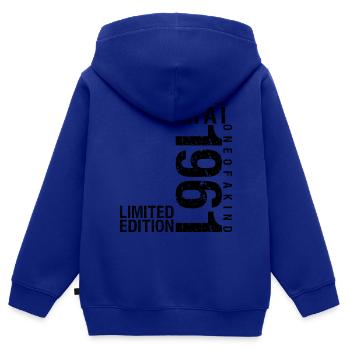 Anniversaire Mai 1961 Mai né en Mai - Sweat Premium à capuche zippé enfant bio - bleu roi - Dos - AI Model Kid Male (0cm)