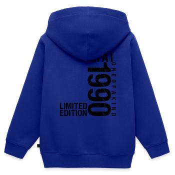Anniversaire Mai 1990 Mai né en Mai - Sweat Premium à capuche zippé enfant bio - bleu roi - Dos - AI Model Kid Male (0cm)