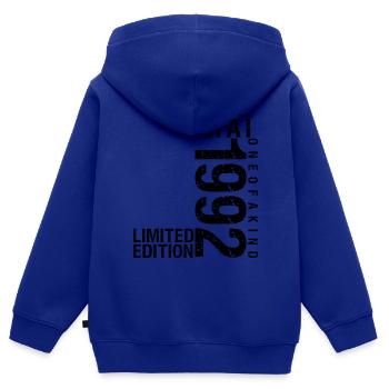 Anniversaire Mai 1992 Mai né en Mai - Sweat Premium à capuche zippé enfant bio - bleu roi - Dos - AI Model Kid Male (0cm)