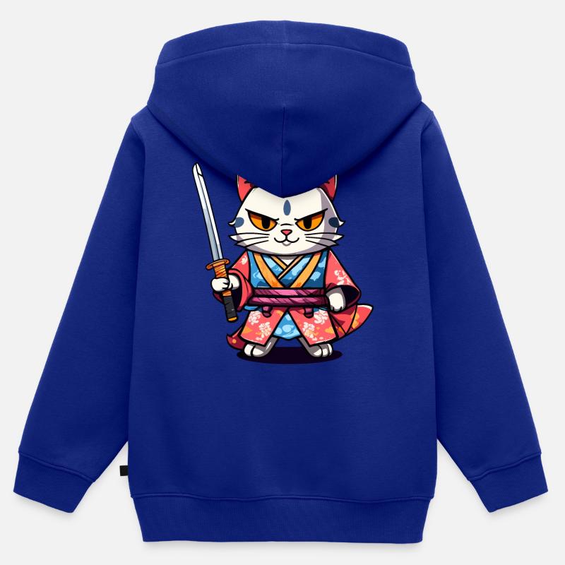 Chat samouraï #34 - Sweat Premium à capuche zippé enfant bio - bleu roi