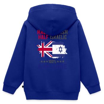 Moitié britannique moitié Isreali - Sweat Premium à capuche zippé enfant bio - bleu roi - Dos - AI Model Kid Male (0cm)
