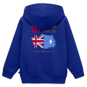 Moitié britannique moitié somalien - Sweat Premium à capuche zippé enfant bio - bleu roi - Dos - AI Model Kid Male (0cm)