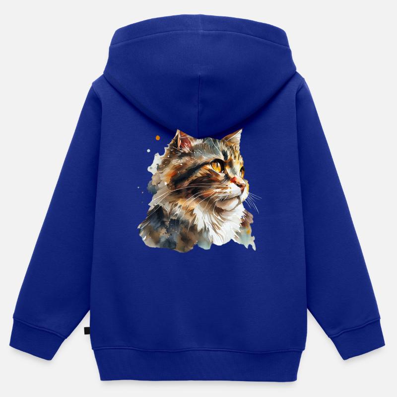 Portrait à l’aquarelle d’un chat roux moelleux - Sweat Premium à capuche zippé enfant bio - bleu roi