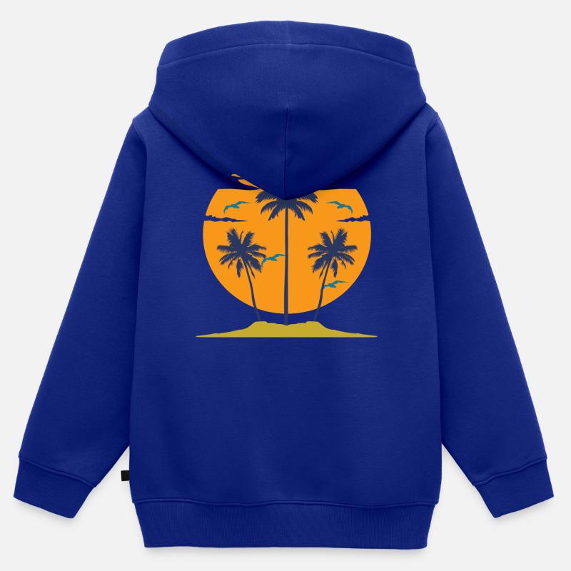 Coucher de soleil avec silhouette de palmiers - Sweat Premium à capuche zippé enfant bio - bleu roi