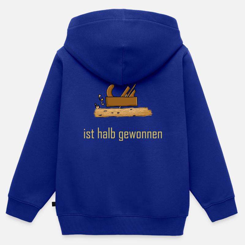Construction rustique en bois avec dicton - Sweat Premium à capuche zippé enfant bio - bleu roi