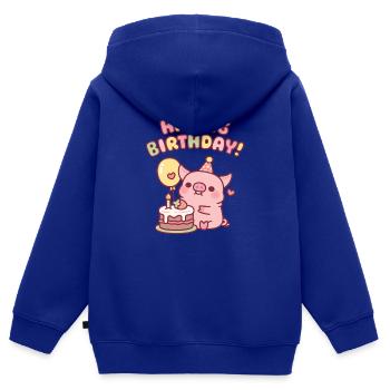 Süßes Schwein mit Geburtstagstorte, Wortspiel zum Geburtstagsglück - Kinder Premium Organic Zip Hoodie - Royalblau - Hinten - AI Model Kid Male (0cm)
