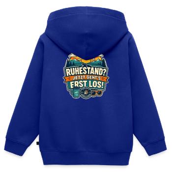 Ruhestand – Jetzt geht’s erst los Abenteuer - Kinder Premium Organic Zip Hoodie - Royalblau - Hinten - AI Model Kid Male (0cm)