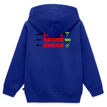 Mes fléchettes, mon score, mon chèque - Sweat Premium à capuche zippé enfant bio - bleu roi - Dos - AI Model Kid Male (0cm)