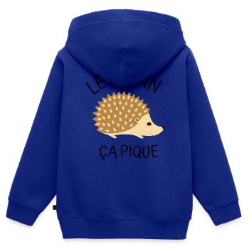 Le matin ça pique - Sweat Premium à capuche zippé enfant bio - bleu roi - Dos - AI Model Kid Male (0cm)