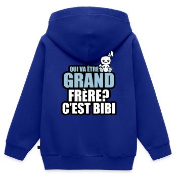 qui va être grand frère? c'est bibi - Sweat Premium à capuche zippé enfant bio - bleu roi - Dos - AI Model Kid Male (0cm)
