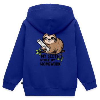 Mon paresseux m’a volé mes devoirs - Sweat Premium à capuche zippé enfant bio - bleu roi - Dos - AI Model Kid Male (0cm)