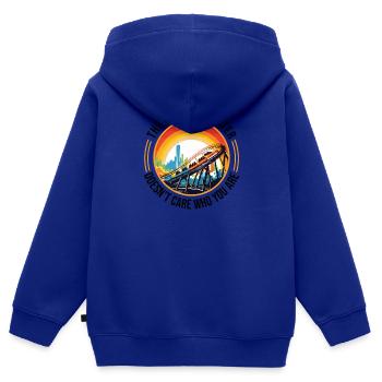 Parcs d’attractions, fête foraine, fête foraine, dicton, fête foraine - Sweat Premium à capuche zippé enfant bio - bleu roi - Dos - AI Model Kid Male (0cm)