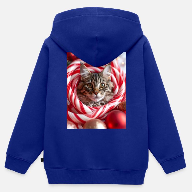 Chat de Noël entre des bâtonnets de bonbons - Sweat Premium à capuche zippé enfant bio - bleu roi