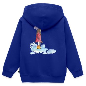 Mädchen spielt im Regen und springt in eine Pfütze - Kinder Premium Organic Zip Hoodie - Royalblau - Hinten - AI Model Kid Male (0cm)
