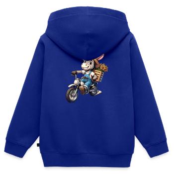 âne joyeux sur moto avec du blé - Sweat Premium à capuche zippé enfant bio - bleu roi - Dos - AI Model Kid Male (0cm)