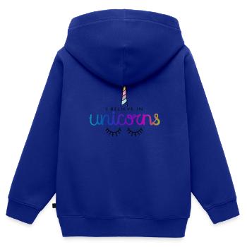 Licorne / Licorne - Sweat Premium à capuche zippé enfant bio - bleu roi - Dos - AI Model Kid Male (0cm)