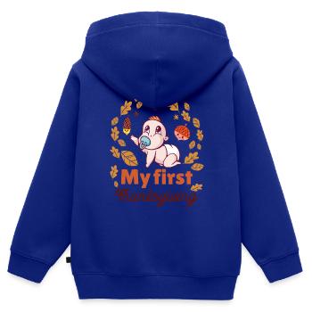 Mon premier Thanksgiving - Sweat Premium à capuche zippé enfant bio - bleu roi - Dos - AI Model Kid Male (0cm)