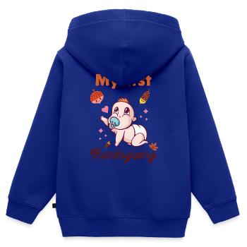 Mon premier Thanksgiving - Sweat Premium à capuche zippé enfant bio - bleu roi - Dos - AI Model Kid Male (0cm)