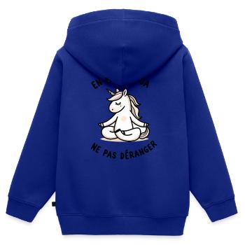 Licorne Yogi Cool - En Mode Yoga Méditation - Sweat Premium à capuche zippé enfant bio - bleu roi - Dos - AI Model Kid Male (0cm)