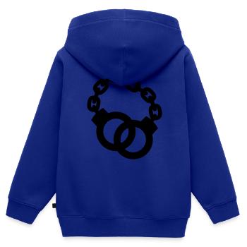 menottes verrouillées policier ou dame - Sweat Premium à capuche zippé enfant bio - bleu roi - Dos - AI Model Kid Male (0cm)
