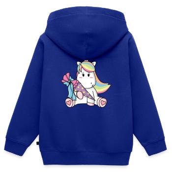 École roi Licorne avec l’école de formation - Sweat Premium à capuche zippé enfant bio - bleu roi - Dos - AI Model Kid Male (0cm)