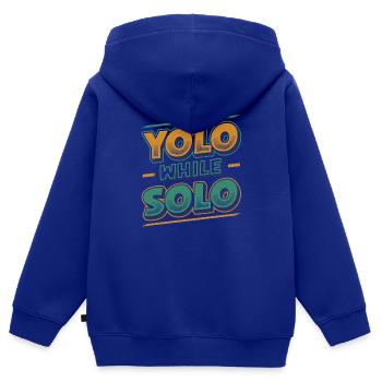 Solo proud single, Happy single - Sweat Premium à capuche zippé enfant bio - bleu roi - Dos - AI Model Kid Male (0cm)