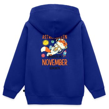 Im November geboren - Fuchs Astronaut im Weltall - Kinder Premium Organic Zip Hoodie - Royalblau - Hinten - AI Model Kid Male (0cm)