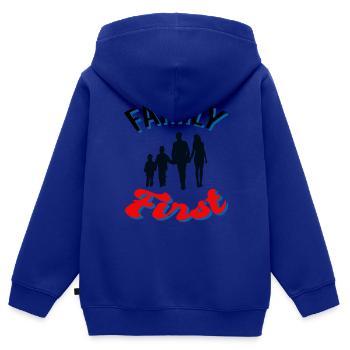 Family first - Sweat Premium à capuche zippé enfant bio - bleu roi - Dos - AI Model Kid Male (0cm)
