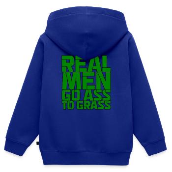 Les vrais hommes vont du cul à l’herbe - Sweat Premium à capuche zippé enfant bio - bleu roi - Dos - AI Model Kid Male (0cm)