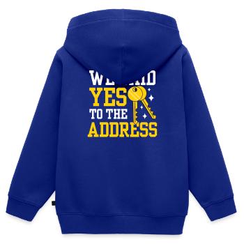 Nous avons dit oui à l’adresse - Sweat Premium à capuche zippé enfant bio - bleu roi - Dos - AI Model Kid Male (0cm)