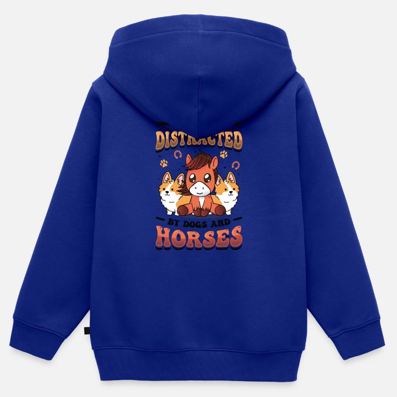 Facilement distrait par les chiens et les chevaux - Sweat Premium à capuche zippé enfant bio - bleu roi