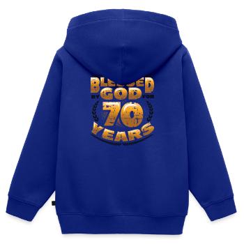 Religious by God for 70 years - Kids Premium Organic Zip-up Hoodie - royal blue - Back - AI Model Kid Male (0cm)