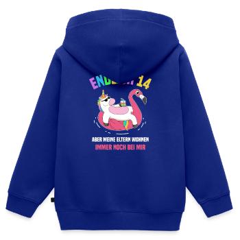 Endlich 14 Aber Meine Eltern Wohnen Noch Bei Mir - Kinder Premium Organic Zip Hoodie - Royalblau - Hinten - AI Model Kid Male (0cm)