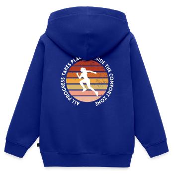 Le progrès se fait en dehors de la zone de confort - Sweat Premium à capuche zippé enfant bio - bleu roi - Dos - AI Model Kid Male (0cm)