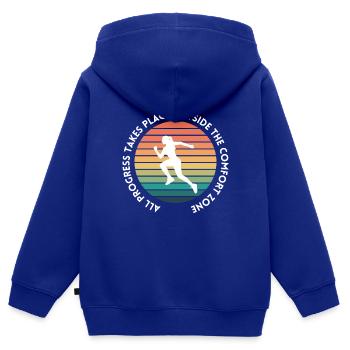 Le progrès se fait en dehors de la zone de confort - Sweat Premium à capuche zippé enfant bio - bleu roi - Dos - AI Model Kid Male (0cm)