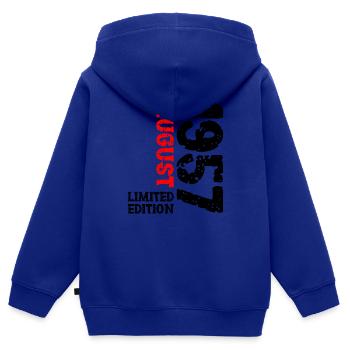 1957 August Limited Edition 66. Geburtstag Outfit - Kinder Premium Organic Zip Hoodie - Royalblau - Hinten - AI Model Kid Male (0cm)