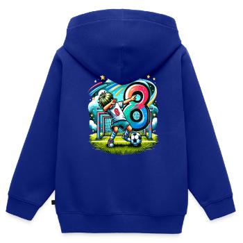Idée d'anniversaire de football pour un garçon de 8 ans - Sweat Premium à capuche zippé enfant bio - bleu roi - Dos - AI Model Kid Male (0cm)