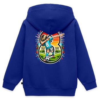 Idée d'anniversaire de football pour un garçon de 8 ans - Sweat Premium à capuche zippé enfant bio - bleu roi - Dos - AI Model Kid Male (0cm)