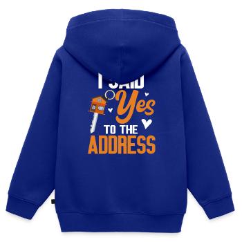 J’ai dit oui à l’adresse - Sweat Premium à capuche zippé enfant bio - bleu roi - Dos - AI Model Kid Male (0cm)