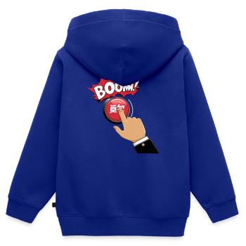 PUSHING BUTTONS, BOOM - Kids Premium Organic Zip-up Hoodie - royal blue - Back - AI Model Kid Male (0cm)